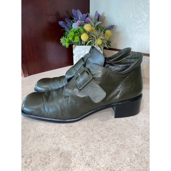 Sesto Senso Vintage Italian Leather Monk Strap Shoes Olive Green Block Heel EU 4 - Picture 7 of 7